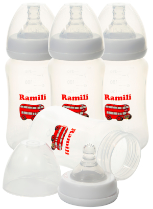 Купить  из 4-х противоколиковых бутылочек Ramili Baby 240MLX4 (240 мл. x4, 0+, слабый поток)-1.jpg